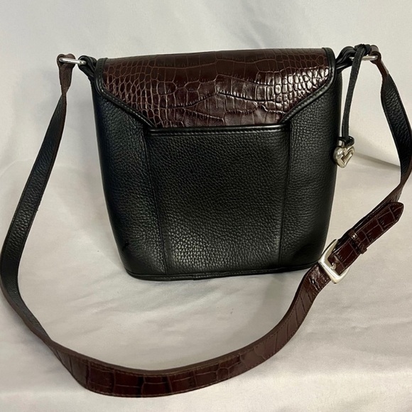 BRIGHTON Shoulder Bag 90s Y2K Leather Black Peb Brown Croc Emboss Single Strap - Picture 2 of 8